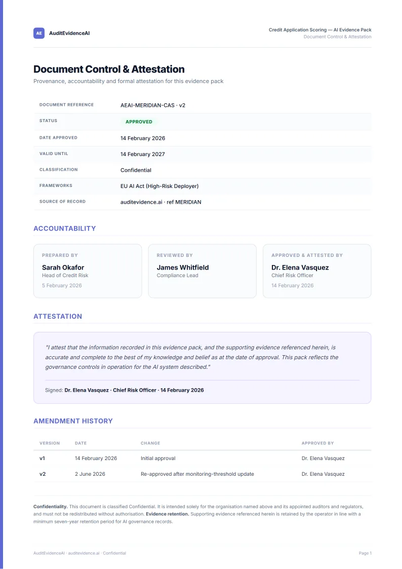 Document Control & Attestation page — accountability chain, formal attestation, and amendment history