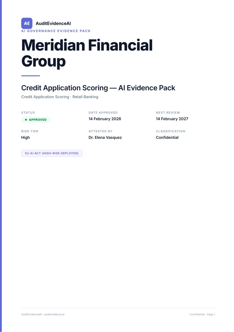 Evidence pack title page — Meridian Financial Group, EU AI Act high-risk deployer